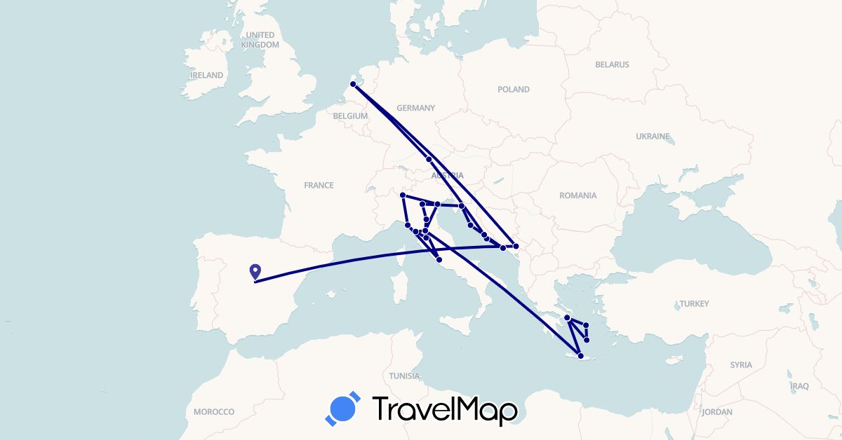 TravelMap itinerary: driving in Germany, Spain, Greece, Croatia, Italy, Montenegro, Netherlands (Europe)