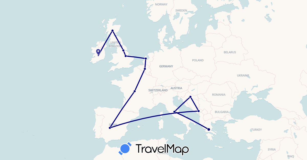 TravelMap itinerary: driving in Belgium, Spain, France, United Kingdom, Greece, Croatia, Ireland, Italy, Montenegro, Netherlands (Europe)